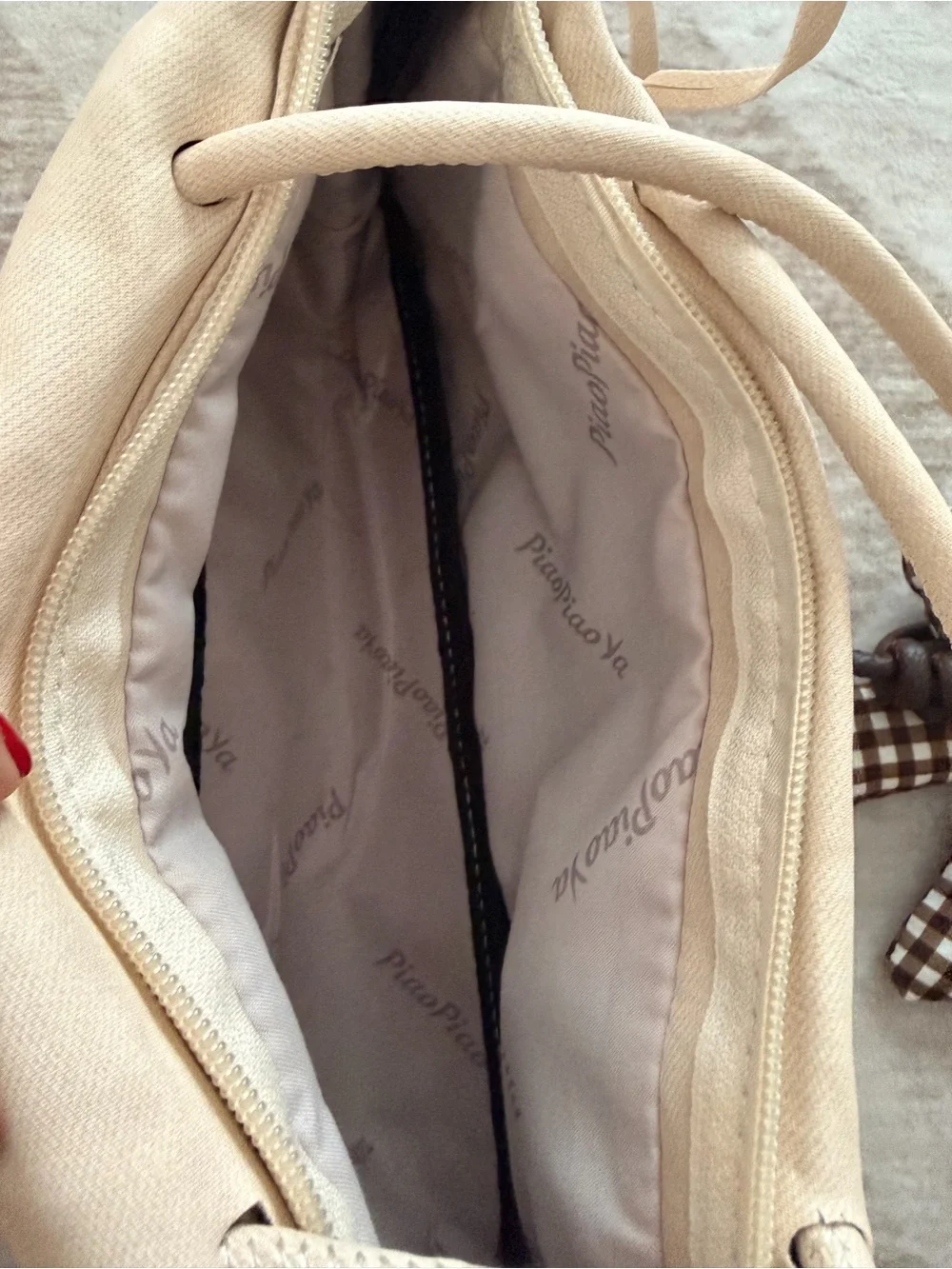 Beige Women's Shoulder Bag with Brown Gingham Bow